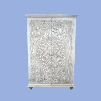 Ornate carved wood white storage armoire