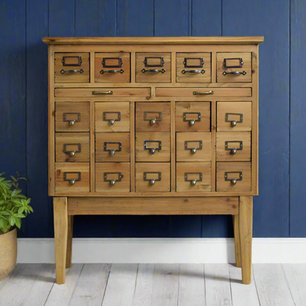 Rustic wood multi drawer apothecary cabinet