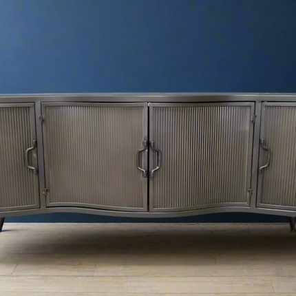 Ribbed grey metal storage cabinet