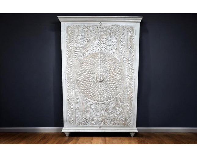 White ornate carved 6ft rustic wood shelved armoire storage cabinet