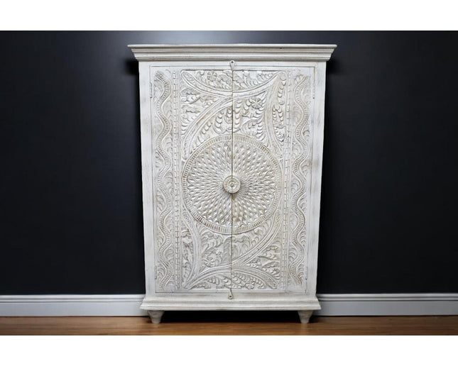 Tall white ornate carved wood shelved armoire storage cupboard - Back in stock Sept