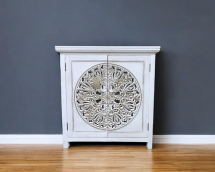 Bohemian rustic hand carved whitewashed storage cabinet