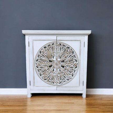 Bohemian rustic hand carved whitewashed storage cabinet