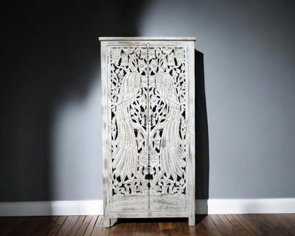 6ft ornate hand carved bird white shelved cabinet