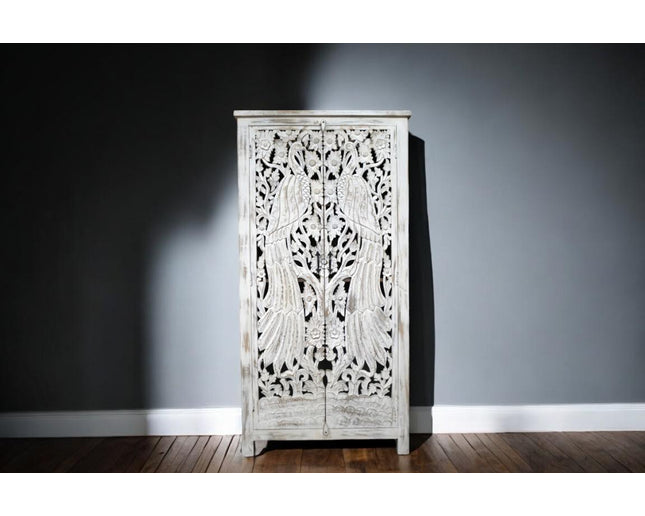 6ft ornate hand carved bird white shelved cabinet