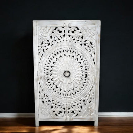 6ft tall ornate hand carved wood white armoire storage cupboard.