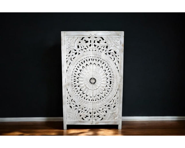 6ft tall ornate hand carved wood white armoire storage cupboard.