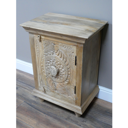 Pair of natural wood ornate carved bedside cabinets