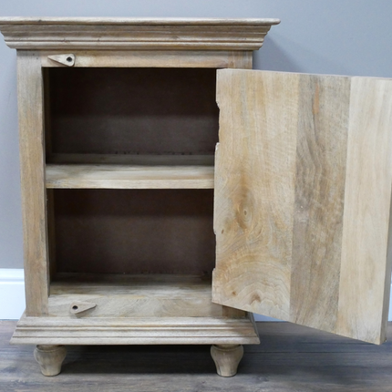 Pair of natural wood ornate carved bedside cabinets