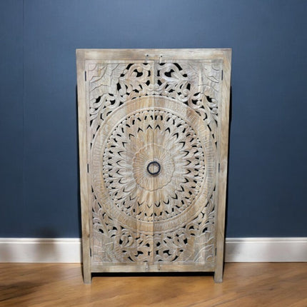 6ft tall ornate hand carved mango wood shelved storage cupboard