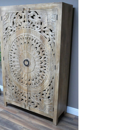 6ft tall ornate hand carved mango wood shelved storage cupboard