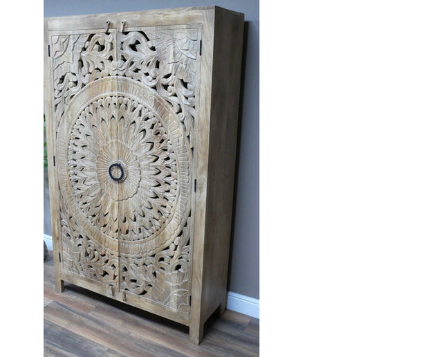 6ft tall ornate hand carved mango wood shelved storage cupboard