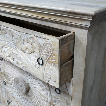 Natural wood ornate carved wood chest of drawers