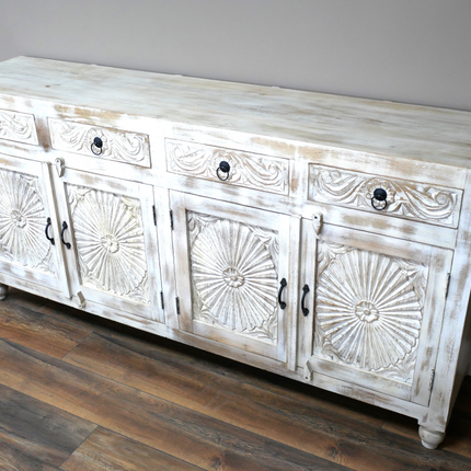 Large 4 door wood whitewash sideboard storage cabinet