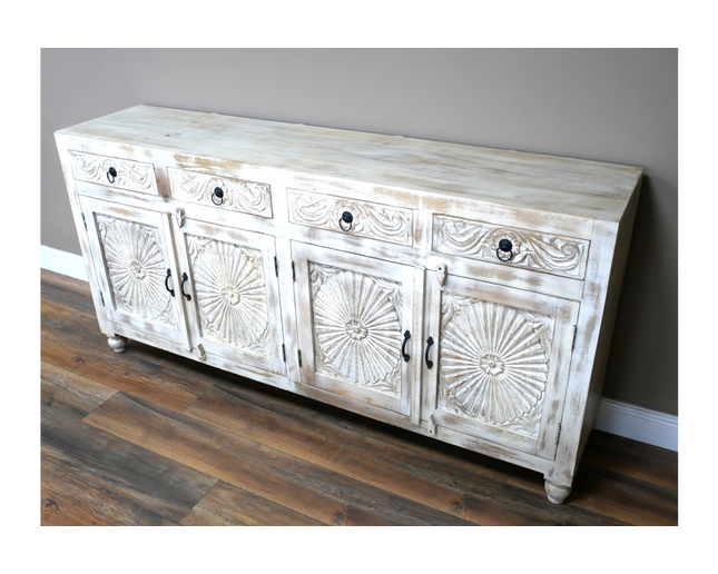 Large 4 door wood whitewash sideboard storage cabinet