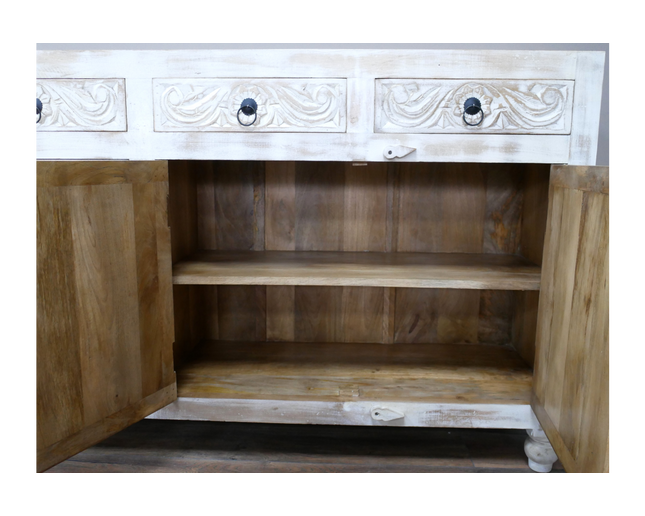 Large 4 door wood whitewash sideboard storage cabinet