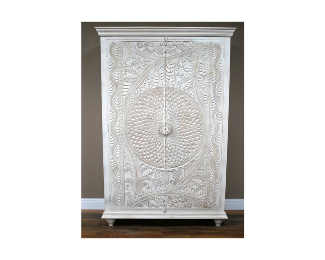 White ornate carved 6ft rustic wood shelved armoire storage cabinet