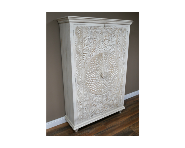 White ornate carved 6ft rustic wood shelved armoire storage cabinet