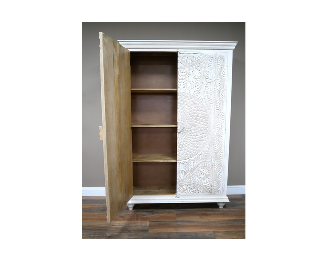 White ornate carved 6ft rustic wood shelved armoire storage cabinet