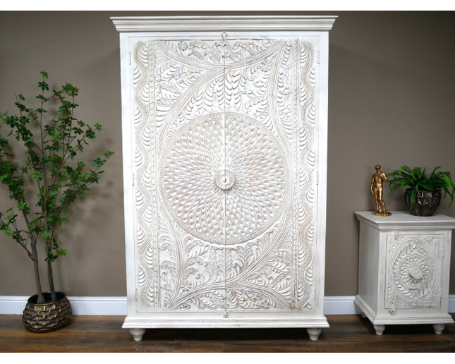 White ornate carved 6ft rustic wood shelved armoire storage cabinet