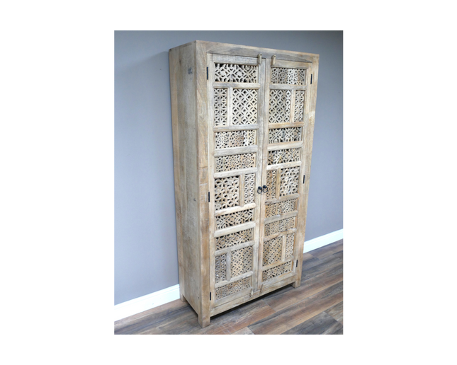 190cm tall ornate carved mango wood shelved cupboard