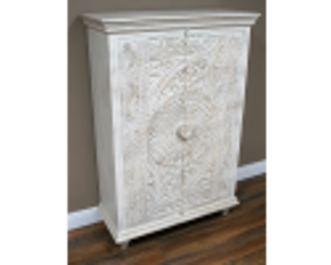 Tall white ornate carved wood shelved armoire storage cupboard - Back in stock Sept