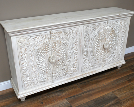 Artisan 6ft wide hand carved whitewash rustic wood sideboard cabinet.