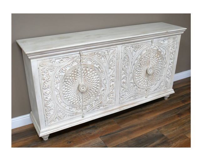 Artisan 6ft wide hand carved whitewash rustic wood sideboard cabinet.