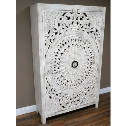 6ft tall ornate hand carved wood white armoire storage cupboard.