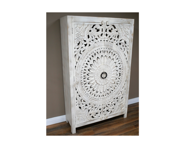 6ft tall ornate hand carved wood white armoire storage cupboard.