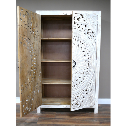 6ft tall ornate hand carved wood white armoire storage cupboard.