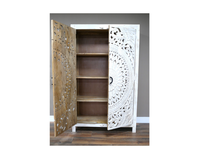 6ft tall ornate hand carved wood white armoire storage cupboard.