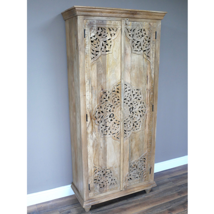 Tall slim rustic wood ornate hand carved storage cupboard