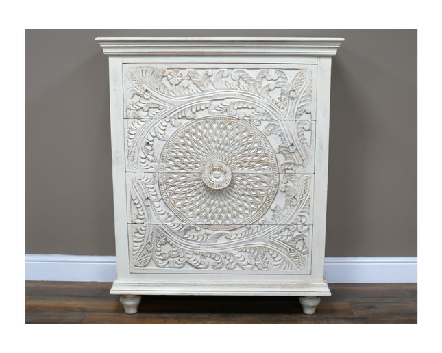 Whitewashed ornate carved wood chest of drawers