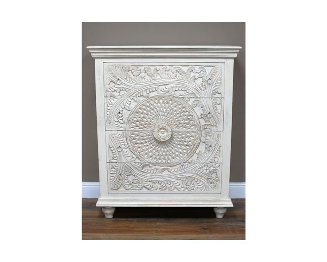 Whitewashed ornate carved wood chest of drawers