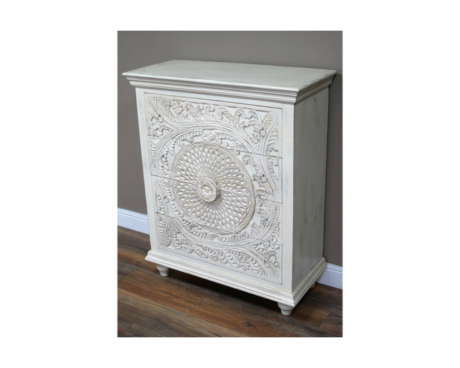 Whitewashed ornate carved wood chest of drawers