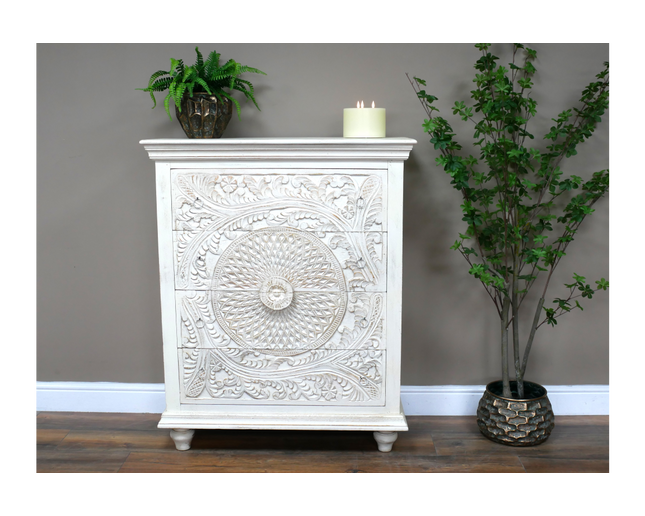 Whitewashed ornate carved wood chest of drawers