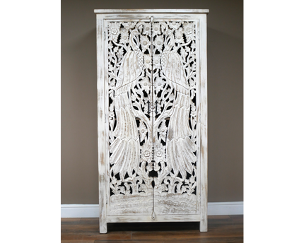 6ft ornate hand carved bird white shelved cabinet