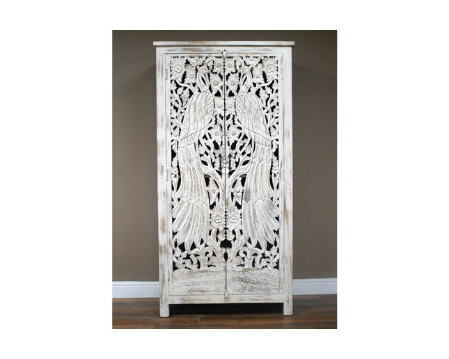 6ft ornate hand carved bird white shelved cabinet