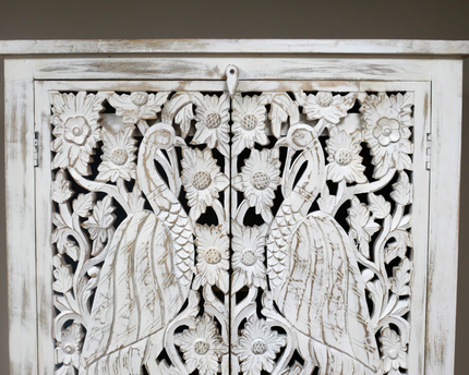 6ft ornate hand carved bird white shelved cabinet