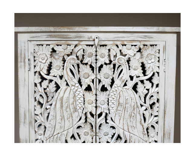 6ft ornate hand carved bird white shelved cabinet