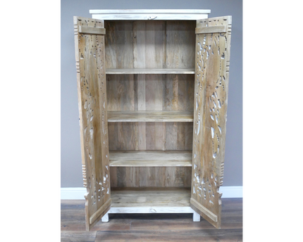 6ft ornate hand carved bird white shelved cabinet