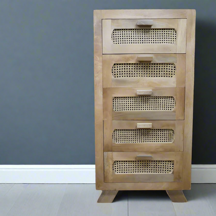 Tall slim rattan wood & rattan chest of 5 drawers