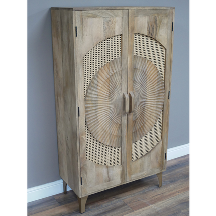 Tall natural wood & rattan 'circles' shelved storage cupboard