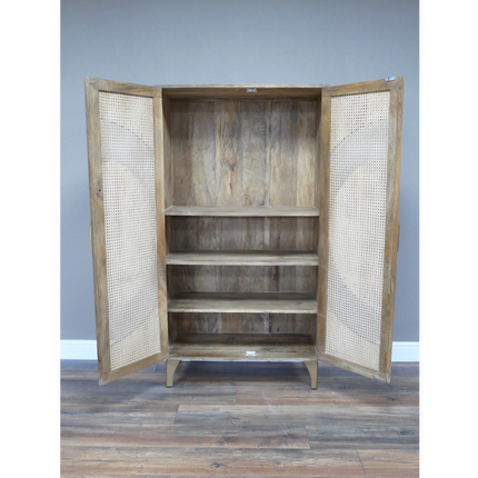 Tall natural wood & rattan 'circles' shelved storage cupboard