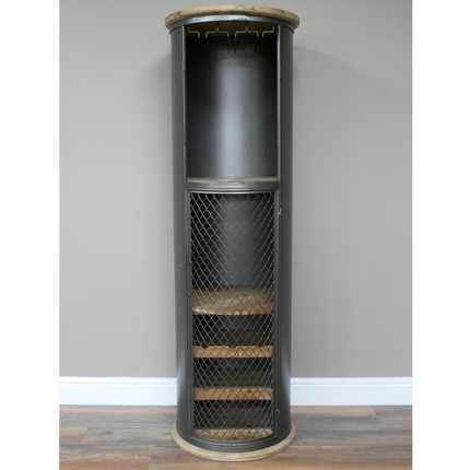 Tall slim round black iron drinks cabinet