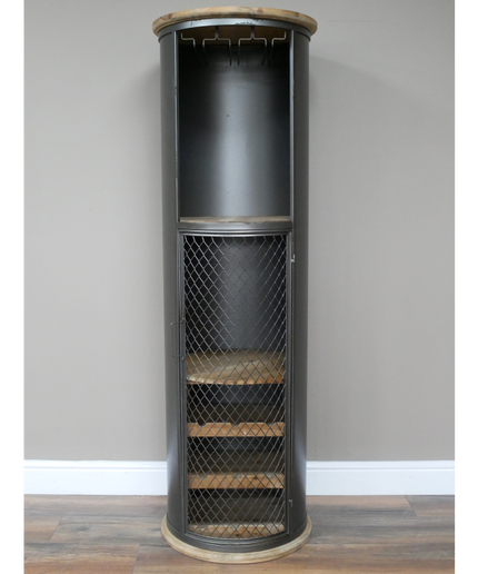 Tall slim round black iron drinks cabinet