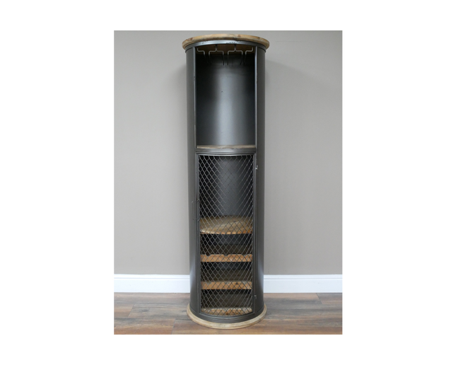 Tall slim round black iron drinks cabinet