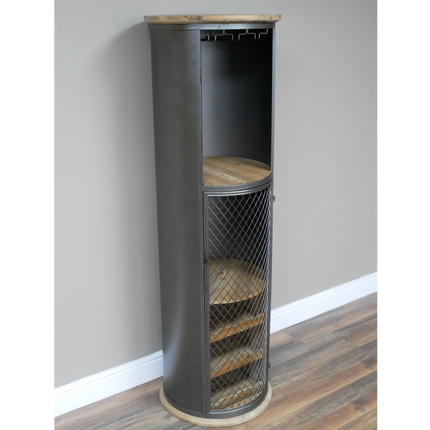 Tall slim round black iron drinks cabinet