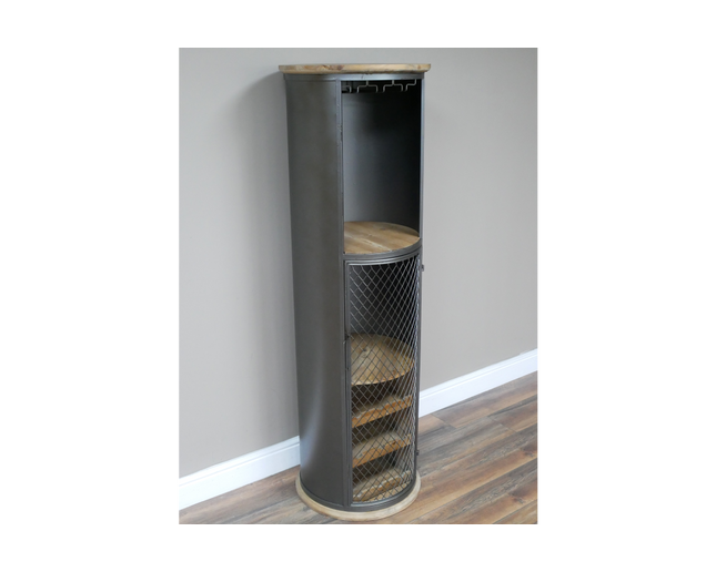 Tall slim round black iron drinks cabinet